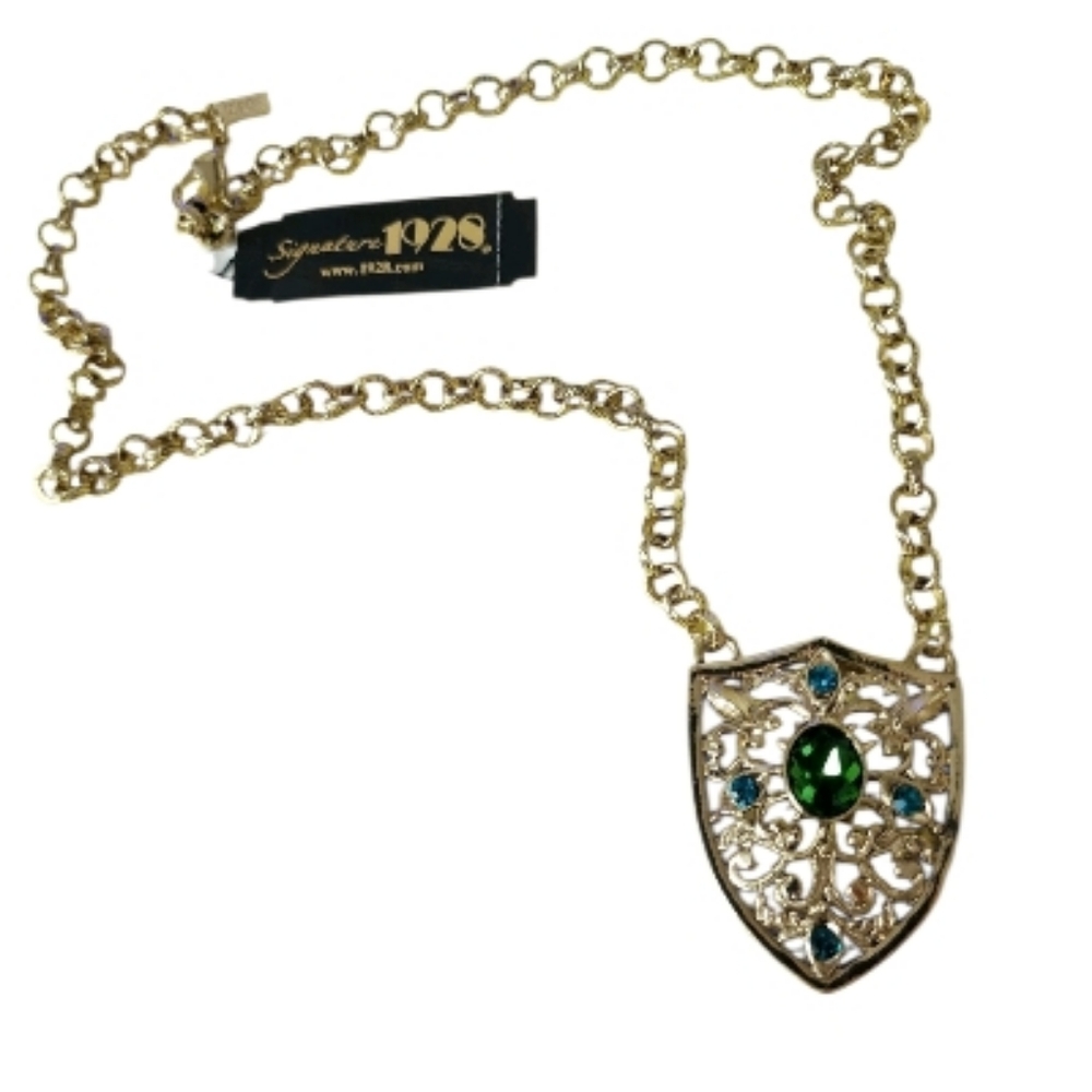 1928 Signature Gold Blue Zircon and Emerald Crystal Shield Pendant Necklace NWT